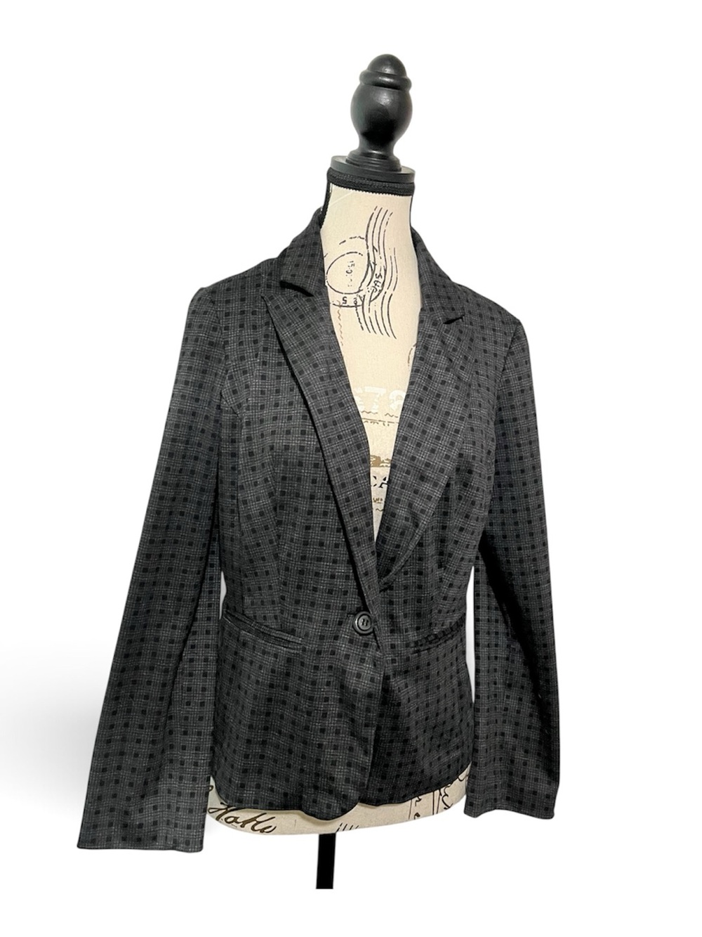 SOHO Apparel LTD Women L Blazer Black Gray Plaid Check One Button Jacket Y2K VTG